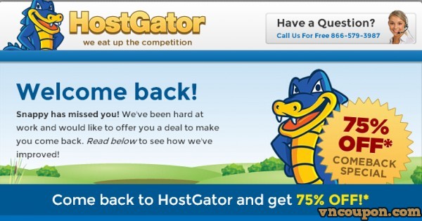 Hostgator - 优惠75% all 虚拟主机套餐 - Welcome Back 特价机 优惠信息