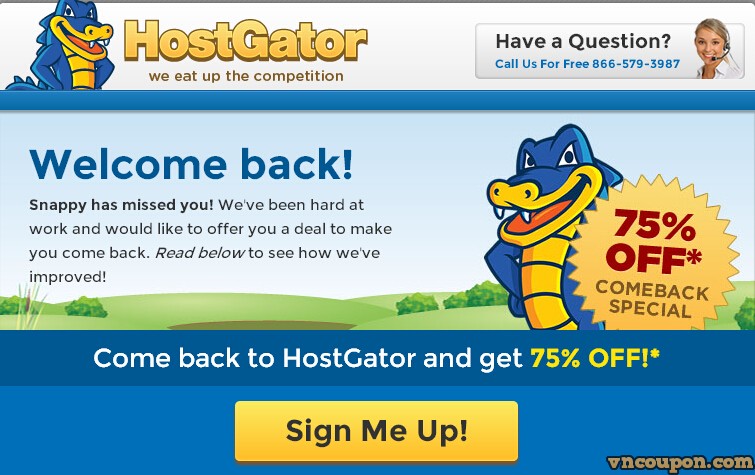 Hostgator – 优惠75% all 虚拟主机套餐 – Welcome Back 特价机 优惠信息