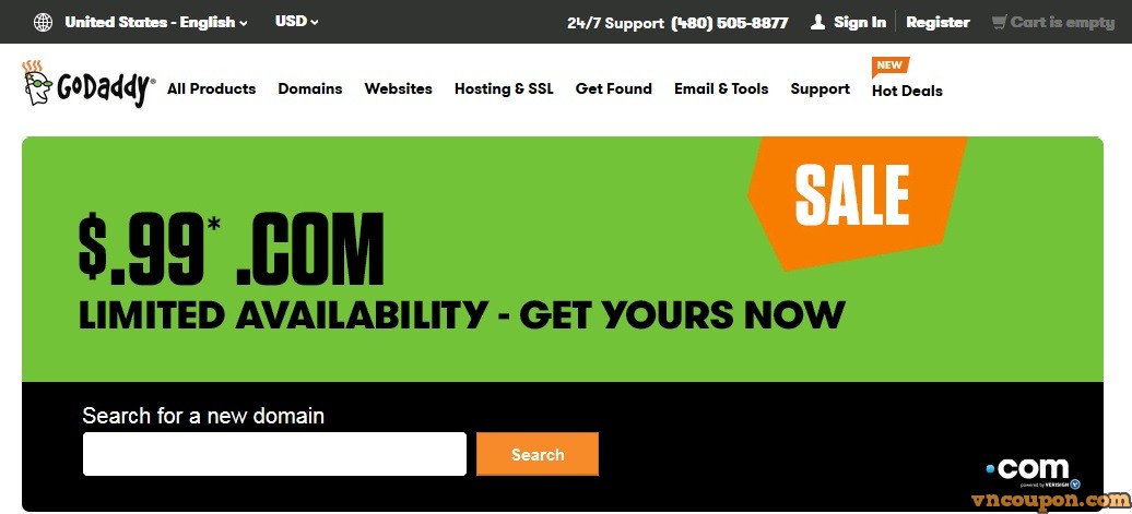 $0.99 .COM 优惠券 Godaddy for US or Canada Account