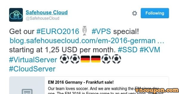 EURO 2016 sale! VPS 特价机 from Safehouse Cloud in Frankfurt, Germany