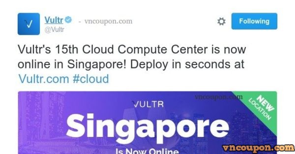 Vultr's Cloud Services is now online in Singapore! 免费$50 礼券 for 60 days