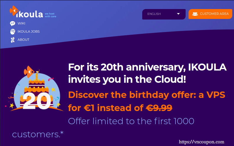 IKOULA 20th anniversary – Public Cloud VM €1 instead of €9.99 – 1vCPU/ 1.7GB RAM/ 50GB SSD