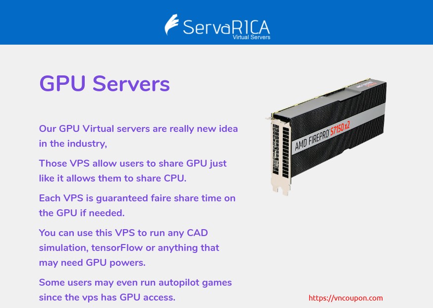 ServaRICA – GPU VPS 提供 最低 $15每月 with AMD FirePro GPUs & NVMe SSD
