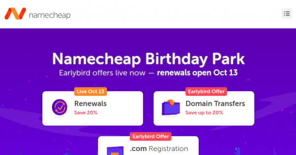 Namecheap Birthday Park - 节省 20% on Renewals 域名, Hosting