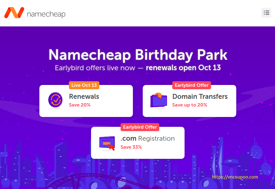 Namecheap Birthday Park – 节省 20% on Renewals 域名, Hosting
