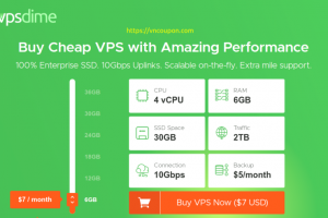 VPSDime – Try VPS Plan for 仅 $1 first month! 4vCPU / 6GB内存/ 30GB SSD / 10Gbps Network