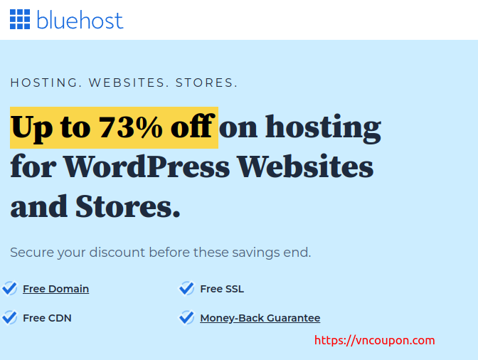 BlueHost – 最高优惠73% WordPress Hosting + 优惠50% VPS